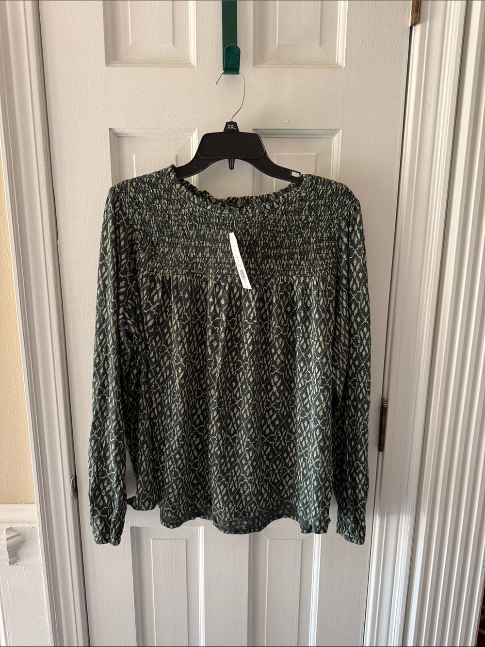 Wonderly Smocked Yoke Long Sleeve Geometric Top - Green